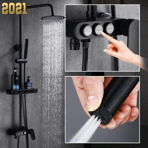 Black Rainfall Shower Faucets Set Wall Mounted Rain Shower Faucet Storage Bath Mixer Tap Hot Cold with Hand Shower