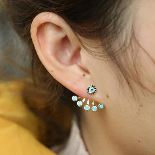 New pan shape Two Side Use Earring real 925 silver For Women evil eye paved with turquoises black cz Jewelry for party gift