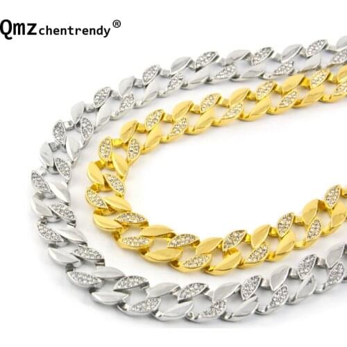 Hip hop 30'' Iced Out Half Rhinestone Chain Necklaces 15MM Miami Cuban Link CZ Hip Hop Mens Cubra Chain Necklace