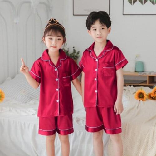 Girls Pajamas 2020 summer short Sleeve Childrens Sleepwear pure color Set Silk Boys Pyjamas Sets for Kids Nightwear Set
