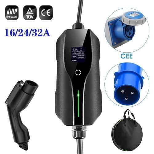 Mode 2 EV Charger Type 1 With Controllable Digital Screen CEE Plug 32A 16A 24A 20A 10A Electric Vehicle Portable Charger