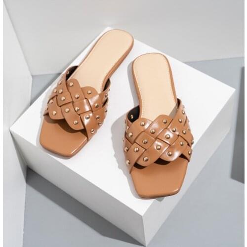 New Women Rivet Weave Fashion Slippers Female Summer Square Toe Outside Slides Laides Comfort Flat Plus Size Casual Shoes