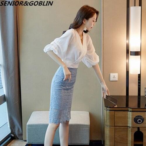 2020 Summer Office V Neck White Chiffon Blouse Shirt Tops and Lace Skirts Crop Top and Skirt 2 Piece Set Women Suit Vestidos