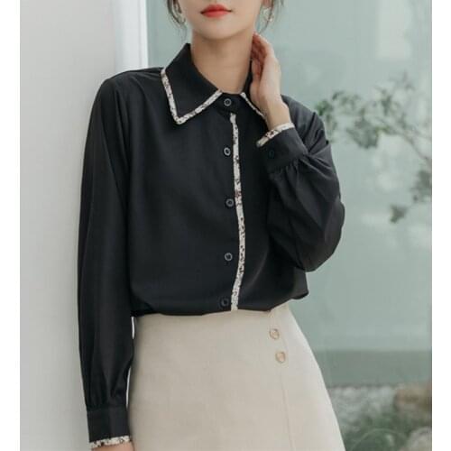 Fashion OL Shirts For Women Polo Neck Long Sleeve Chiffon Patchwork Blouse Female Fall Loose Single Breasted Tops Blousas T035