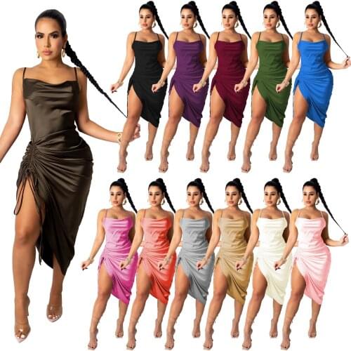 2021 Summer Pop Solid Color Sexy Pleated Suspender One Shoulder Bandage Party Dress For Womens Clothing With Free Shipping