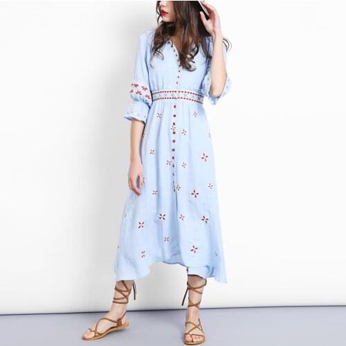 Blue boho long dress 2017 Vintage cotton floral Embroidery V-neck Red gem button Casual dresses hippie women dress brand clothes