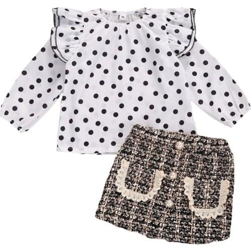 2020 Autumn Fashion Kids Girls Toddler Outfits Polka Dot Ruffle Shirt Top + Mini Skirt Clothes Winter Sets 2pcs