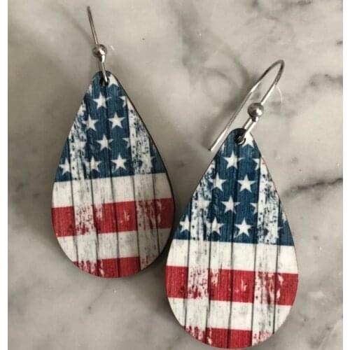 2021 Wholesale New Retro Independence Day Flag Five-pointed Star Printed Water Drop Wooden Earrings