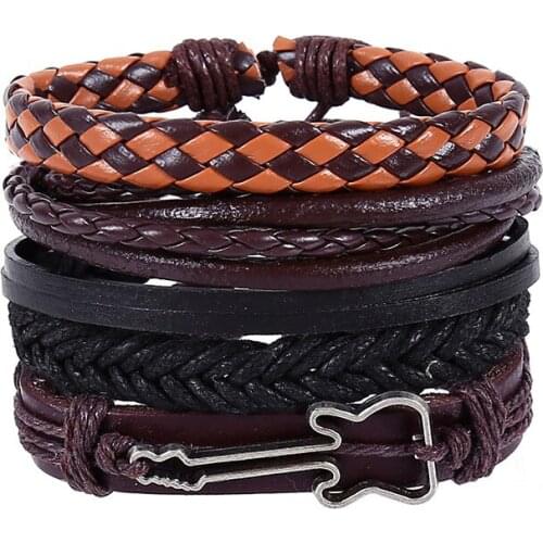 4pcs/set hippie punk black dark brown orange leather guitar charm cord knots Layer stackable wrap wide Bracelet Bangle for man