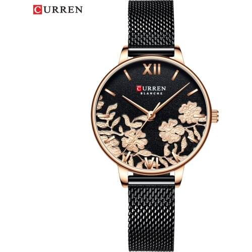 CURREN Women Watches Black Fashion Classy Quartz Stainless Steel and Leather Strap Watch Ladies Relogios Feminino Flower Clock