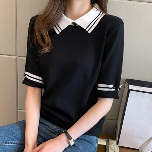 Color-blocked Knitted T Shirt Tops Women Summer Short Sleeve Turn-down Collar Office Ladies Korean Fashion Female Women T-shirt