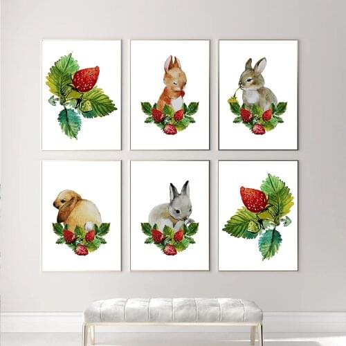 Nursery Rabbit Bunny Animal Wall Art Posters And Prints Leaf Strawberry Canvas Painting Nordic Pictures Kids Baby Room Decor