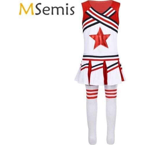 Kids Girls Cheerleader Costume Outfit Applique Cheerleading Tops with Skirt Socks Dancewear Carnival Cheerleading Uniform Suit