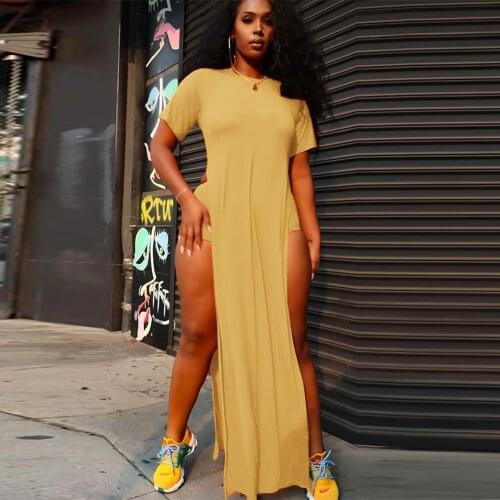 Fluorescence Green Double Side High Split Long Version Tops and Skinny Biker Short for Women Casual Summer Two Piece Sweatsuits