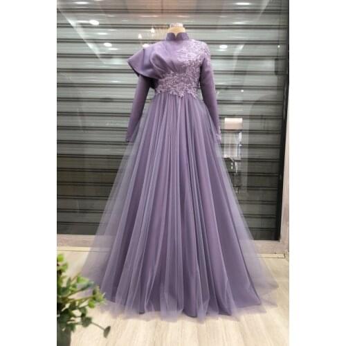 Lanvander Satin Appliques Long Sleeve Muslim Evening Dress 2021 High Neck A Line Arabic Dubai Formal Party Gowns Robe De Soire