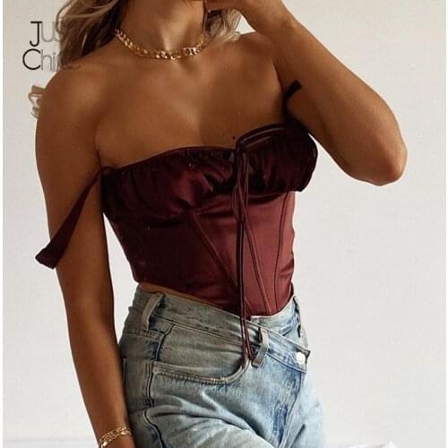Justchicc Hollow Out Bandage Satin Solid Tank Tops Women Pleated Lace Up Open Navel Sling Short Vest Top Night Club Sexy Top
