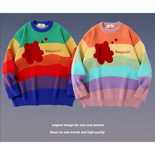 Mens Retro Pullovers Fashion Harajuku Style Men Sweater Long Sleeve Stripe Printing Mens Pullover Street Trendy Male Clothing