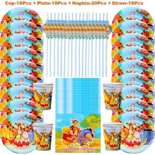Disney Winnie The Pooh Disposable Tableware Set cups dish straw tablecloth Baby Shower Party Decorations birthday party supplies