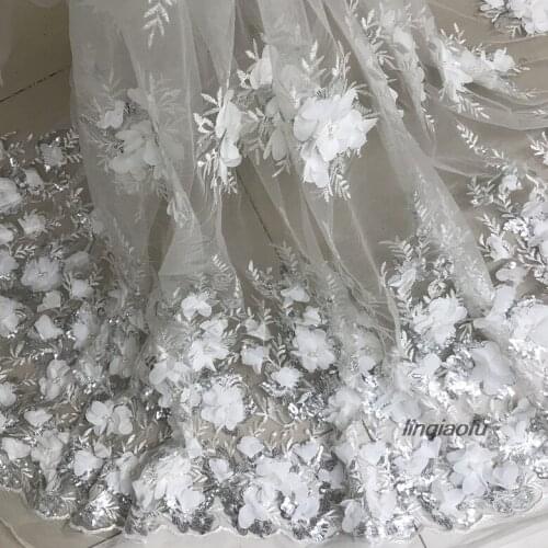 New orange powder, white beaded sequins embroidered fabrics, high-end dresses, three-dimensional flower applique lace fabrics