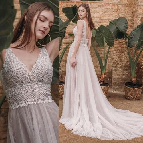 New Bohemian Wedding Dress 2021 Boho Lace V Neck Bride Dress Tulle Beach Bridal Gowns Vestido De Noiva Casamento Bride Dresses