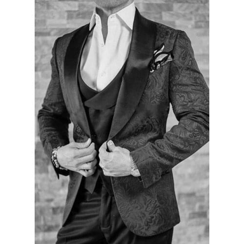 New Design One Button Black Paisley Groom Tuxedos Peak Lapel Groomsmen Mens Wedding Prom Suits (Jacket+Pants+Vest+Tie) NO:160