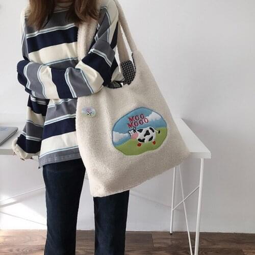 Hylhexyr Plush Tote Bag Women Shoulder Bags Girl Handbag Cow Embroidery Cartoon Cute Purse Winter Cashmere Hand Bag