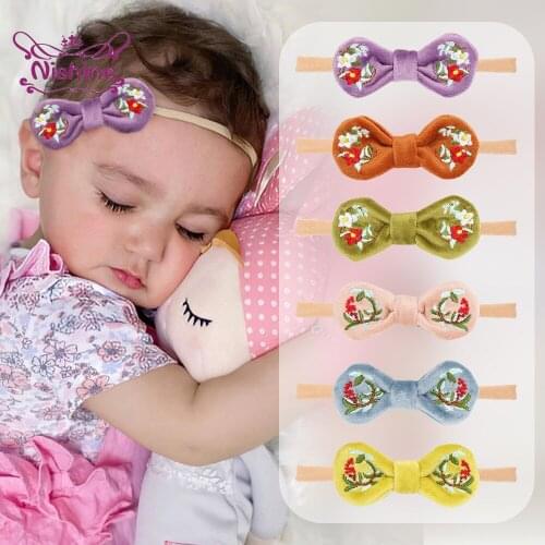 Nishine Newborn Girls Golden Velvet Headwear Rabbit Ears with Embroidery Hair Bands Elastic Hairband Decoration Photo Props