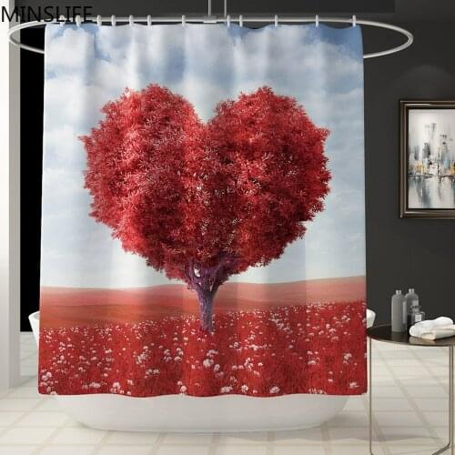 Romantic Flower Field Red Love Tree Waterproof Shower Curtains Set Non-Slip Carpets Bath Curtain Mat for Valentines Day Decor