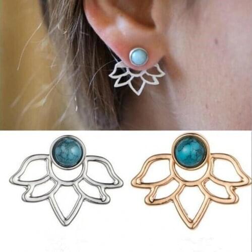 Ex775 European Fashion Vintage blue stone alloy lotus flower Leaves studs earrings 2021 trend Womens Jewelry Accessories