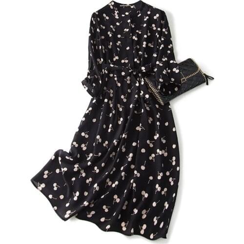 Retro cherry silkworm printed silk dress with small standing collar in blouse style