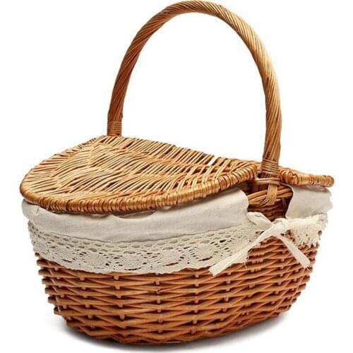 SHGO HOT-Handmade Wicker Basket with Handle Wicker Camping Picnic Basket with Double Lids Storage Hamper Basket with Cloth Linin