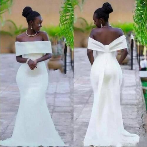 African Wedding Dresses Off the shoulder Satin Zipper Mermaid Applique Ruch Plus size Bridal Gowns Cheap 2021
