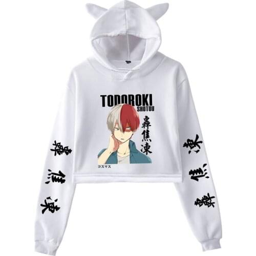 Shoto Todoroki Cat Ear Hoodies Girl Cute Anime My Hero Academia Sweatshirts Showing Belly Buttons Casual Oversized Streetwear