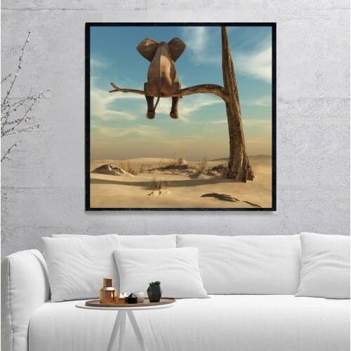 Funny Little Elephant on Tree Canvas Painting Wall Art Animal Pictures Nordic Posters and Prints for Kids Room Home Decor