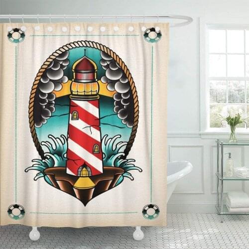 Abstract Digital Lighthouse in The Storm of Old School Shower Curtain Waterproof Polyester Fabric 72 x 78 Inches with Hooks