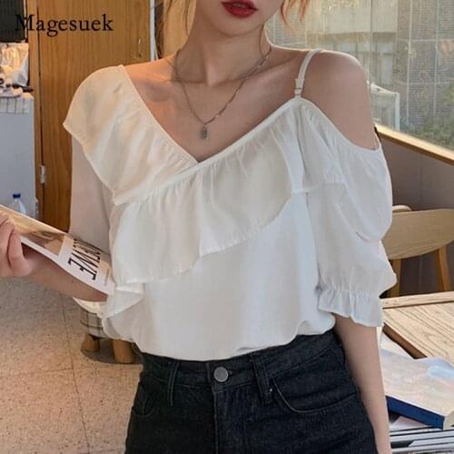 2021 Summer New Korean Solid White Shirt Women Ruffle Simple Short-sleeve Chiffon Blouse Elegant Asymmetry Tops Female 14611