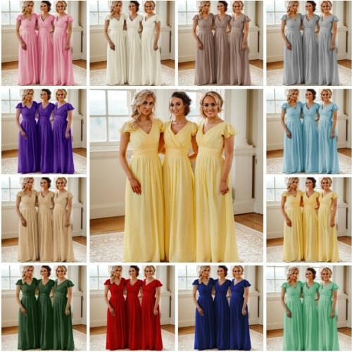 CloverBridal V Neck Cap leeves Chiffon Yellow Bridesmaid Dresses Floor Length A-line robe de soirée de mariage WB9826