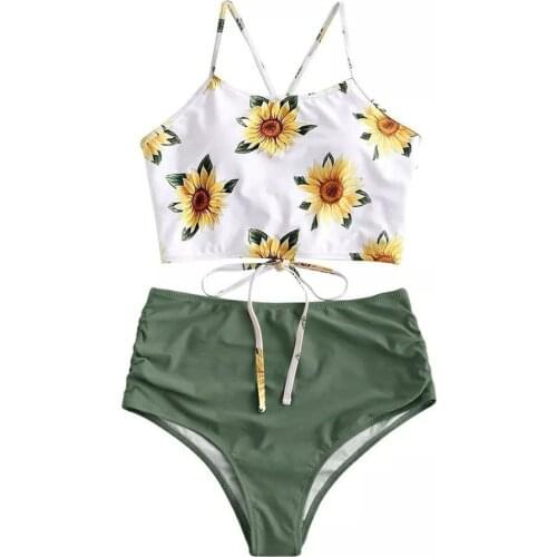 Leaf Print Bikini Female Swimsuit Women sunflower Swimwear Thong Push Up Bikinis Set High Waist Swimming Suits for Bathing Suit