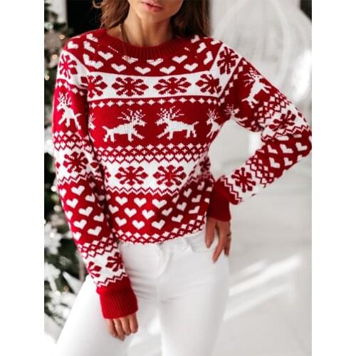 Women Christmas Sweater Autumn Winter Ladies Knitted Jumper Pullover Sweater Snowflake Elk Print Warm Sweaters Plus Size
