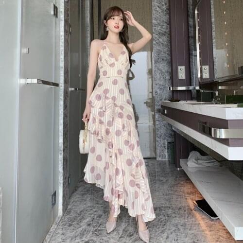 2021 Summer New Polka-dot Sexy V-neck Suspender Dress with Waist Stitching and Irregular Lotus Leaf Skirt