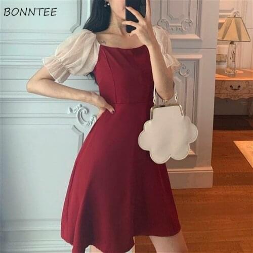 Dress Women Retro Ulzzang Slim Chic Patchwork Mesh Design High Waist Ladies Party Dresses Ins Popular Sexy A-Line Womens Vestido