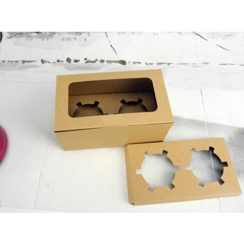 50pcs 16*9*7.5cm 2 grid brown Packaging kraft Paper Muffin window Box For Candy\Cake\Dessert \party Packing boxes