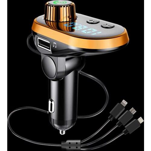 Car Charger BT FM Transmitter Multifunctional USB Cable Hands Free Call LED Displayer Port for TF Card and Flash Driver