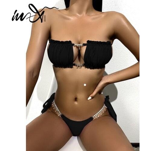 In-X Bandeau bikini 2021 Diamond swimsuit women Solid folds swimwear female String bathing suit Sexy swimming suit beach wear