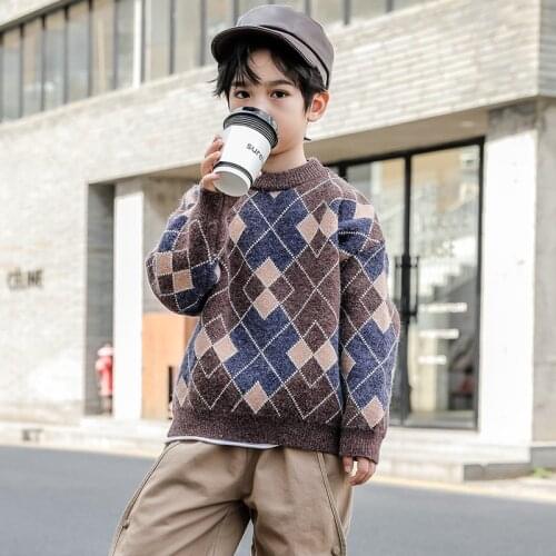 Boys Sweater Kids Outwear Tops 2021 Geometry Fleece Thicken Warm Winter Autumn Knitting Pullover Children Clothing