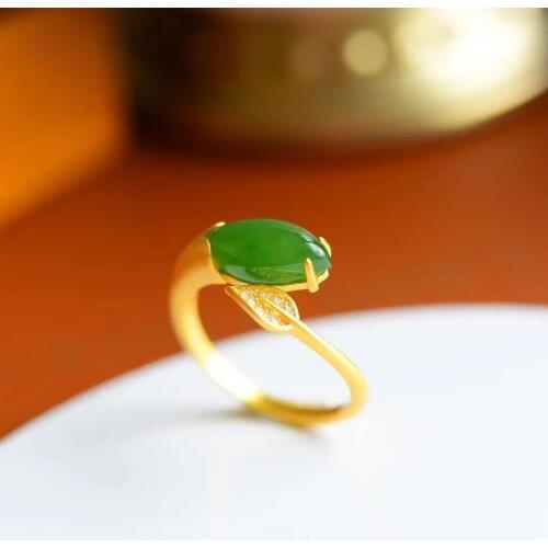 Natural Hetian Jade Green Jade Leaf Ring Inlaid S925 Sterling Silver Horse Eye Ring Ancient Gilding Craft Ornament for Women