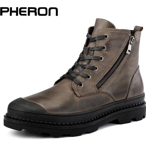 PHERON High Quality Genuine leather Autumn Men Boots Winter Waterproof Ankle Boots Warm Boots Outdoor Working Boots Men Shoes