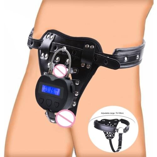 PU Leather Pants Chastity Belt Equipment Cock Ring Penis Cage Time Lock BDSM Bondage Fetish Sex Toys For Mens Chastity Pants