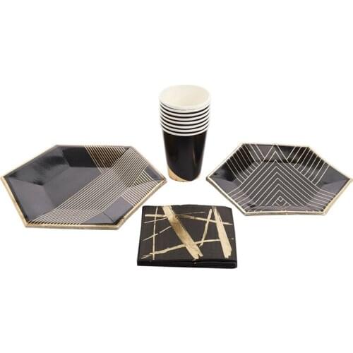 Black Series Gold Blocking Disposable Tableware Party Paper Plates Napkins Cups Birthday Party Wedding New Year Decor