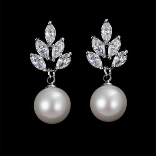 ORZTOON Fashion Shine Oval Zircon Leaf Stud Earrings For Women Retro Round Pearl Pendant Earring Trendy Bridal Wedding Jewelry